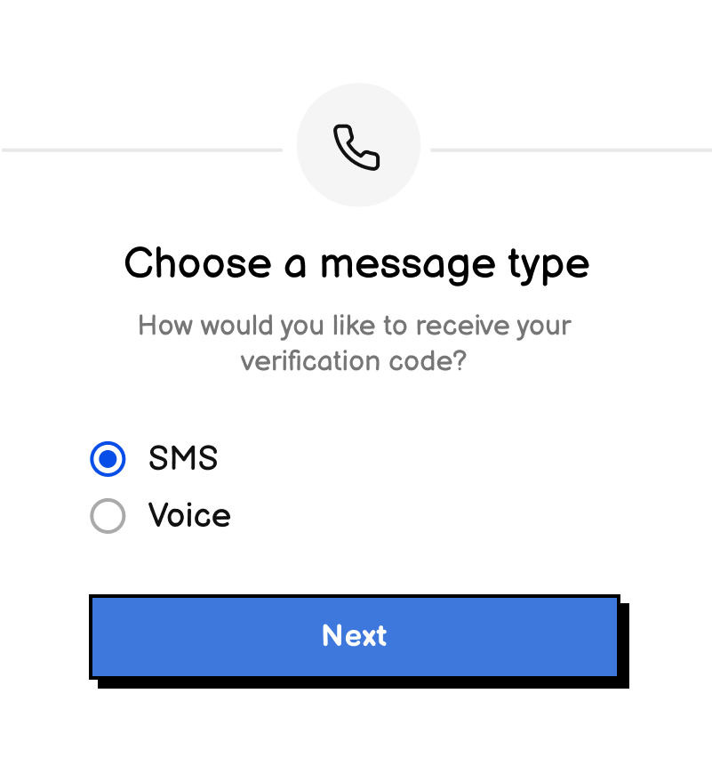 A choose your phone verification method form with SMS and voice options and a next button