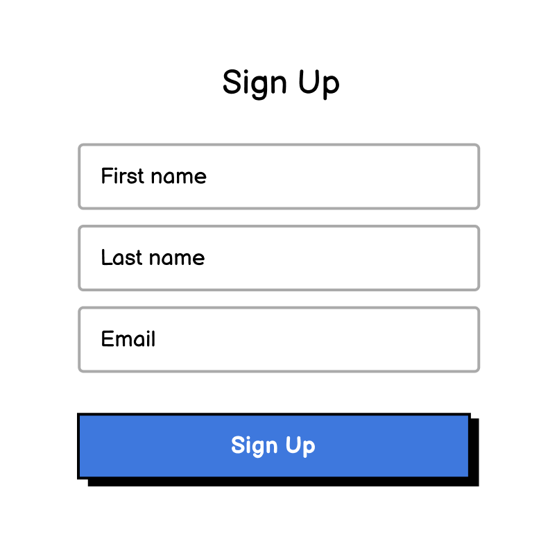 A sign-up form with fields for first name, family name, and email address, and a create account button